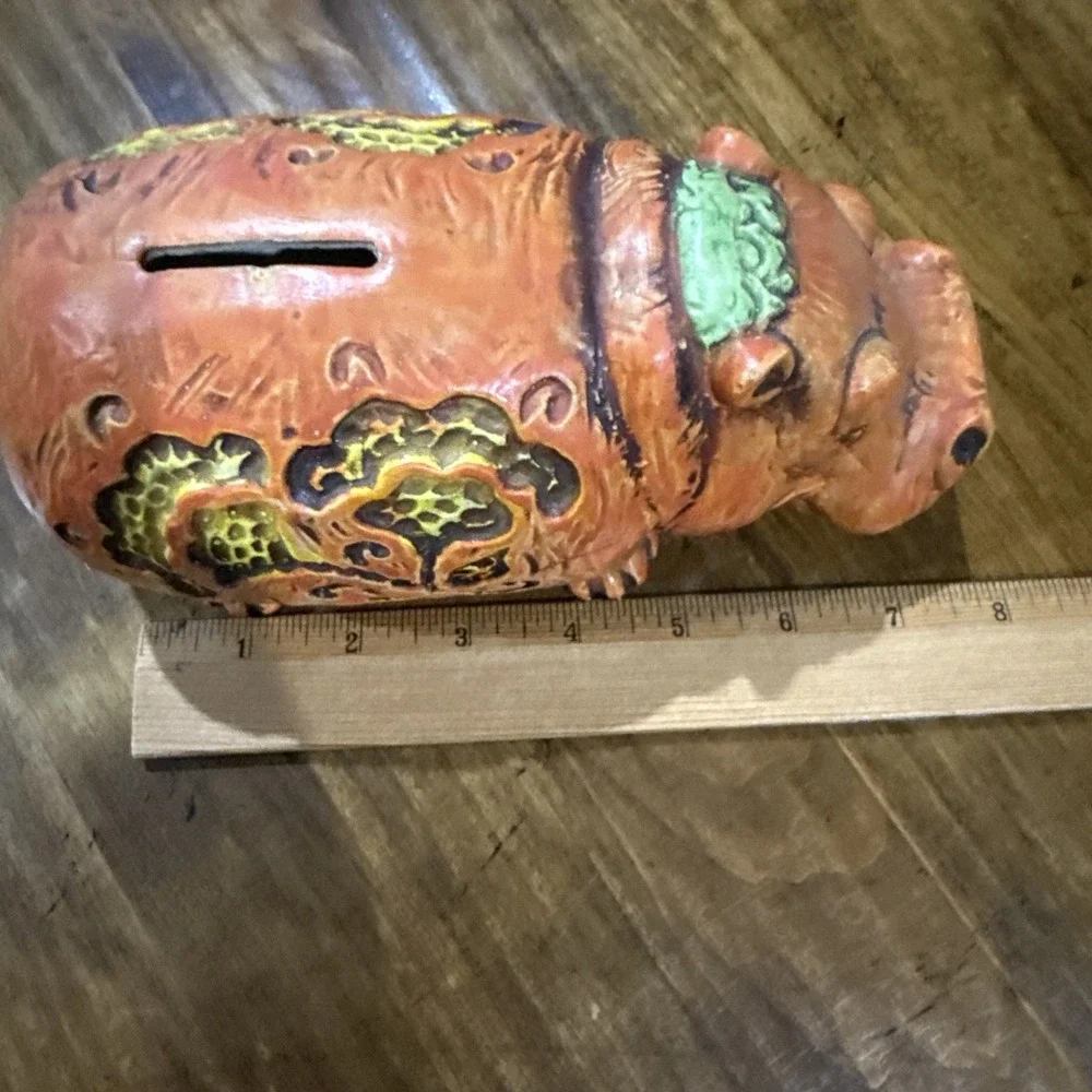 Vintage 70's Kitschy Boho Orange Floral Ceramic Bank Hippopotamus House Hippo
